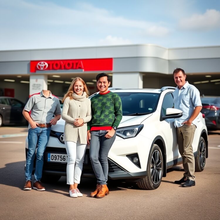 A happy family standing next to their UK-manufactured Toyota model, with a service center in the background, symbolizing customer satisfaction and after-sales support.