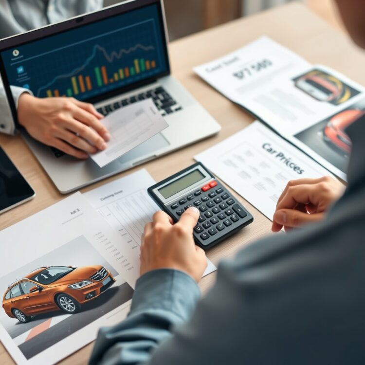 A professional stock photo of a person comparing car prices on a laptop with a calculator and car brochures spread out on a table, symbolising the comparison of top contenders in the car market.