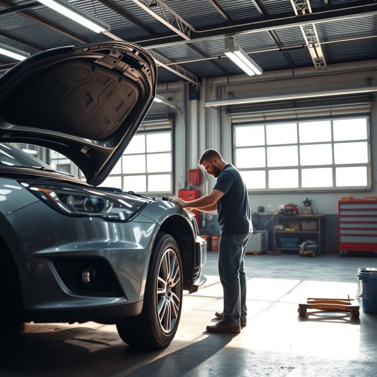 A high-quality stock image of a mechanic performing maintenance on a budget car in a well-lit garage, highlighting the importance of upkeep for long-term savings.