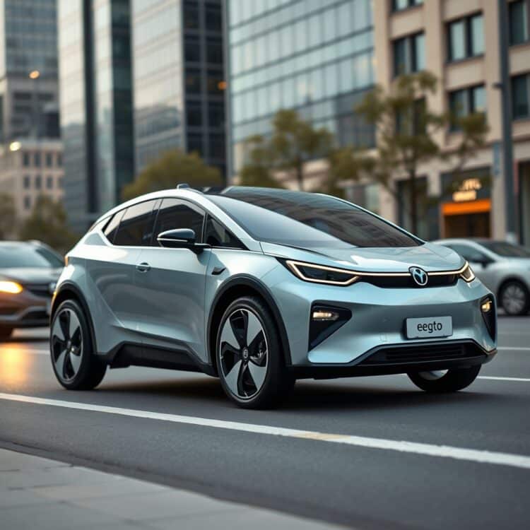 A professional stock photo showcasing a futuristic, affordable electric car on a city street, representing future trends in budget-friendly vehicles.