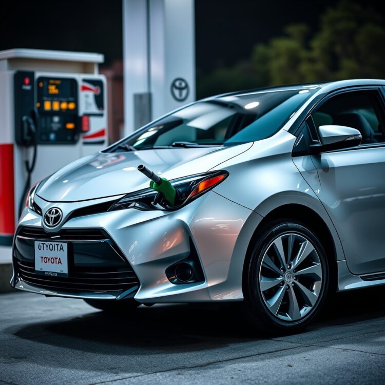 A sleek Toyota Corolla Hybrid parked at a gas station, with the fuel pump nozzle inserting into the tank, symbolizing the moment of refueling and the start of a new journey.