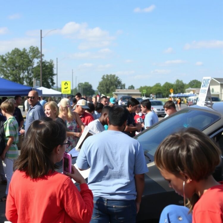 A community event focused on safe driving practices, featuring people of all ages participating in educational activities and discussions to promote safer roads.
