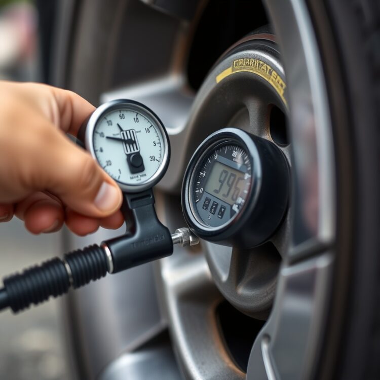 Close-up of a tire pressure gauge being used on a Toyota Corolla Hybrid's tire, highlighting the importance of proper tire maintenance for optimal fuel efficiency.