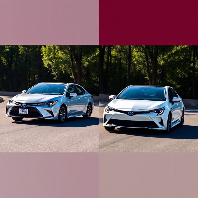 Side-by-side comparison of a Toyota Corolla Hybrid and another hybrid vehicle on a road, showcasing the efficiency and design differences under the sunlight.