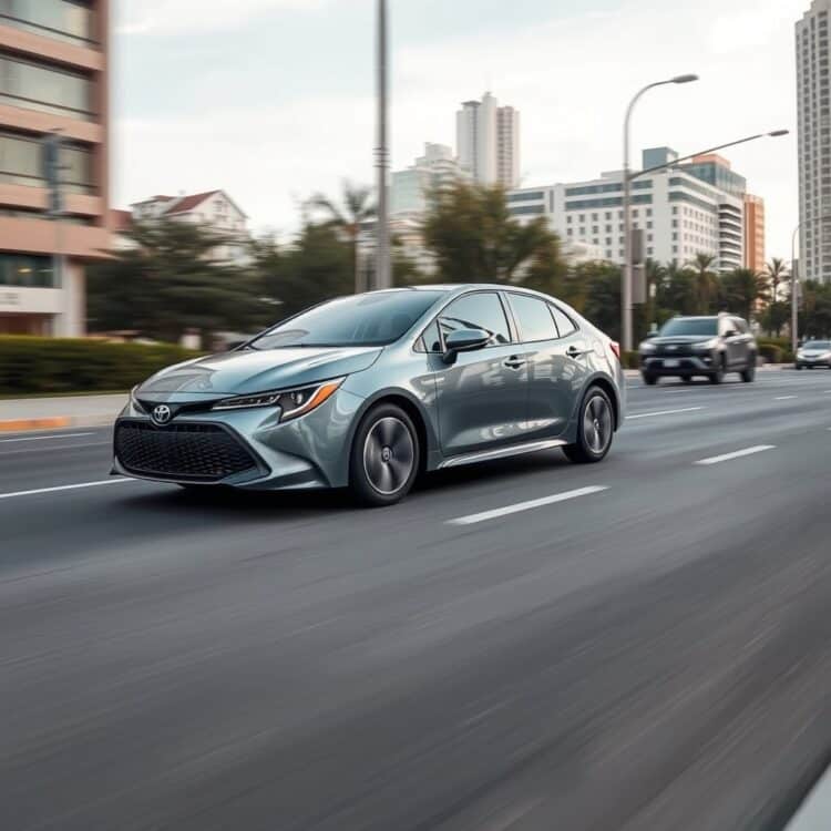A Toyota Corolla Hybrid in motion on a city road, showcasing eco-friendly driving practices with a focus on the vehicle's efficiency and durability.