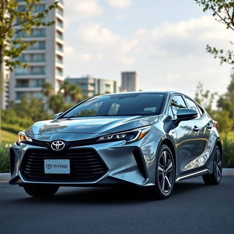 A sleek Toyota hybrid car parked in a serene, eco-friendly urban setting, highlighting its environmental benefits and sustainable driving features.