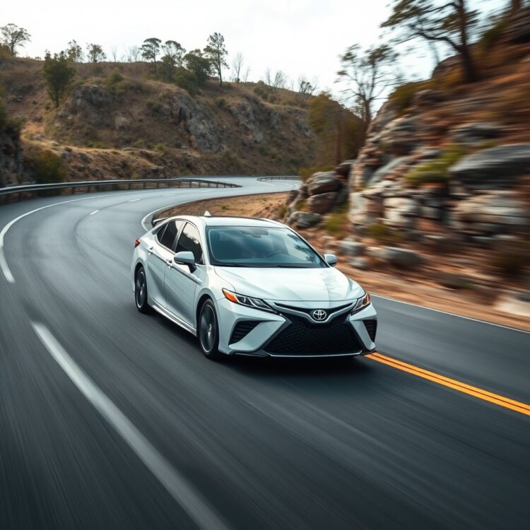 A dynamic shot of a Toyota hybrid car in motion on a winding road, showcasing its performance, handling, and regenerative braking system.