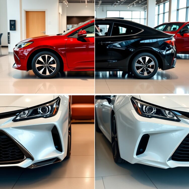 A side-by-side comparison image of a Toyota hybrid and its competitors, emphasizing Toyota's superior reliability and technology in a professional showroom setting.