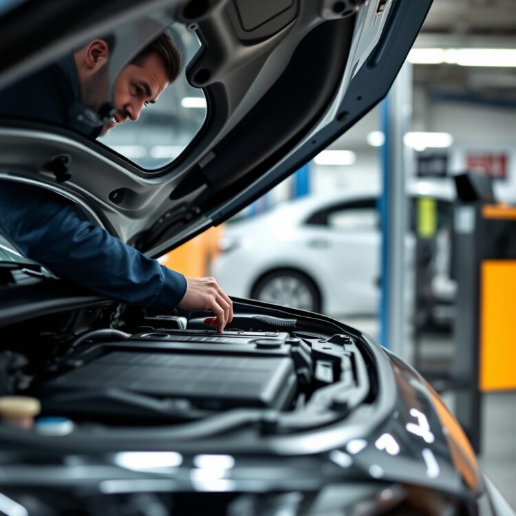 A professional image of a hybrid vehicle at a service center with a technician checking the battery, highlighting the cost and considerations of hybrid battery replacement.