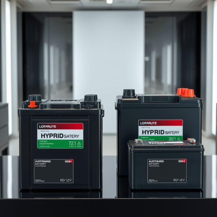 A comparative display of hybrid batteries from different brands side by side, with a focus on their design and technology differences, set in a sleek, professional environment.