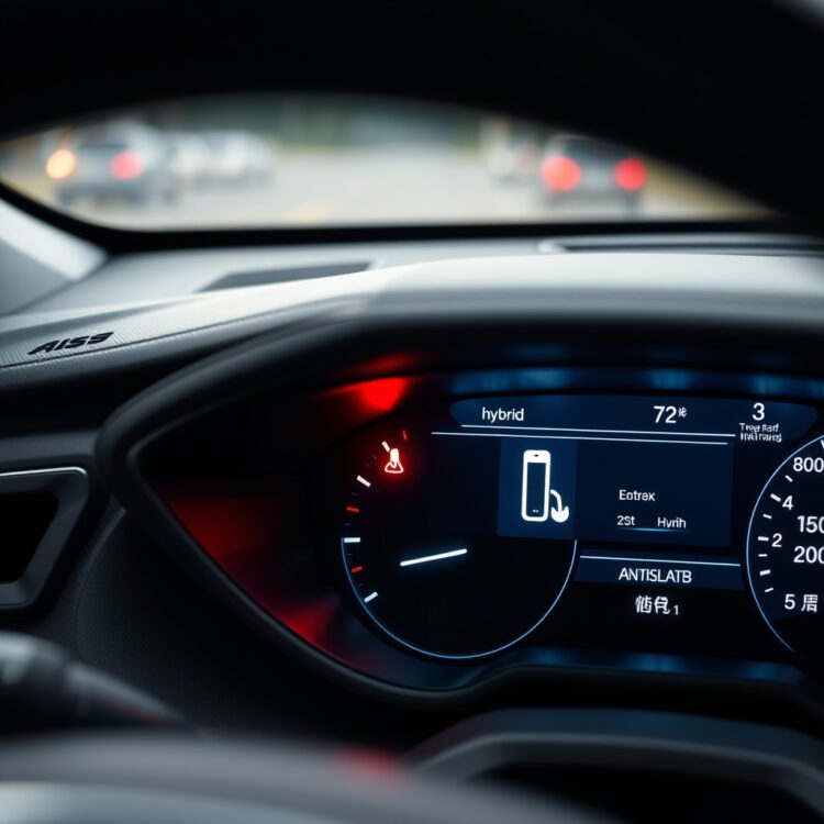 A close-up of a hybrid car dashboard with a low petrol warning light illuminated, showcasing the alert system in a sleek, modern vehicle interior.