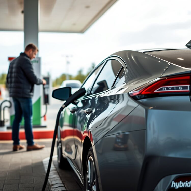 A side view of a hybrid car at a petrol station, with the owner checking the fuel gauge, emphasizing regular maintenance and fuel monitoring.