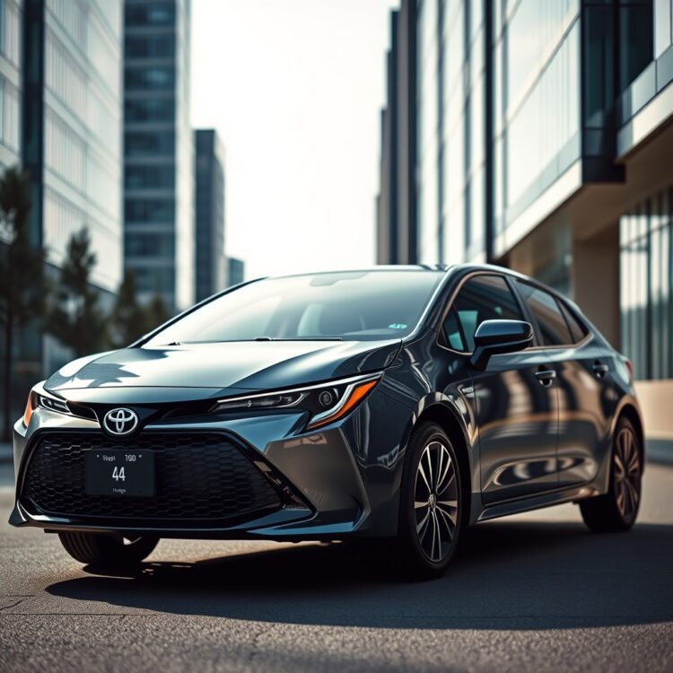 A sleek Toyota Corolla Hybrid parked in a modern urban setting, showcasing its efficiency and design, with a focus on the dashboard displaying high mileage numbers.