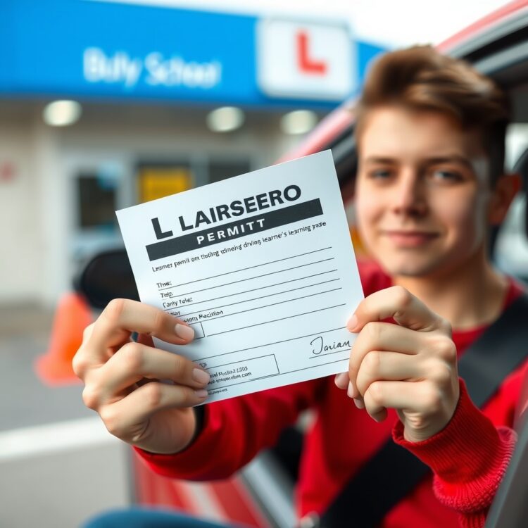 A professional stock photo of a young driver holding a learner's permit, with a focus on the document and a blurred background of a driving school.