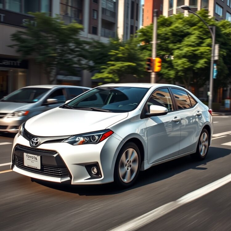 A Toyota Corolla Hybrid in motion on a city street, showcasing its fuel efficiency during urban driving conditions.