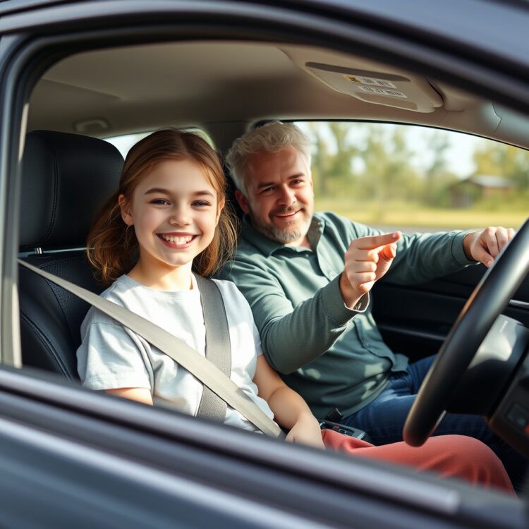 A high-quality stock image showing a teenager and an adult in a car, with the adult demonstrating safe driving habits to the teen, emphasizing the importance of building safe habits early.