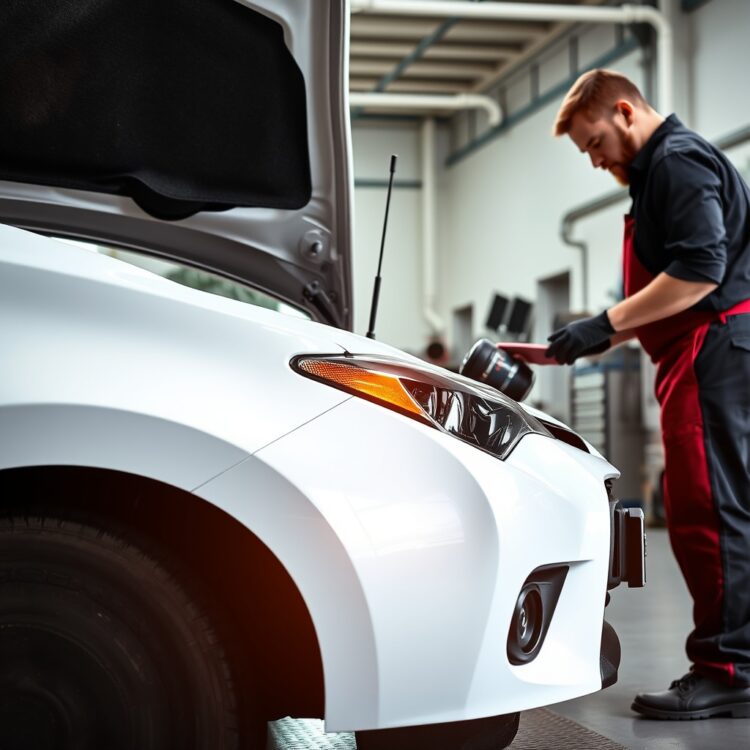 A professional stock photo of a Toyota Corolla undergoing routine maintenance, with a mechanic performing an oil change and filter replacement in a well-lit, clean garage setting.