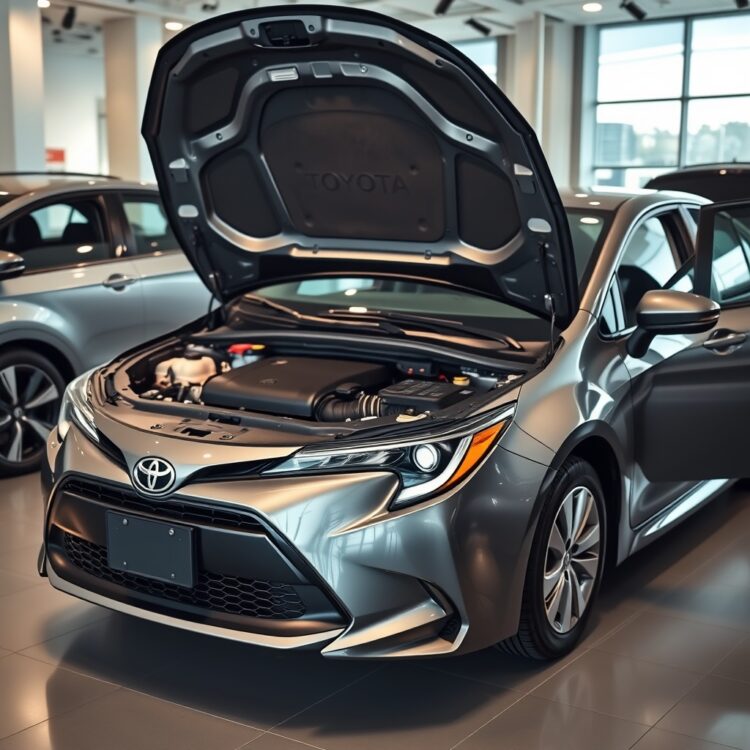 A high-quality stock image showing a Toyota Corolla with its hood open, highlighting the engine area, symbolizing warranty and insurance discussions, set in a professional dealership environment.