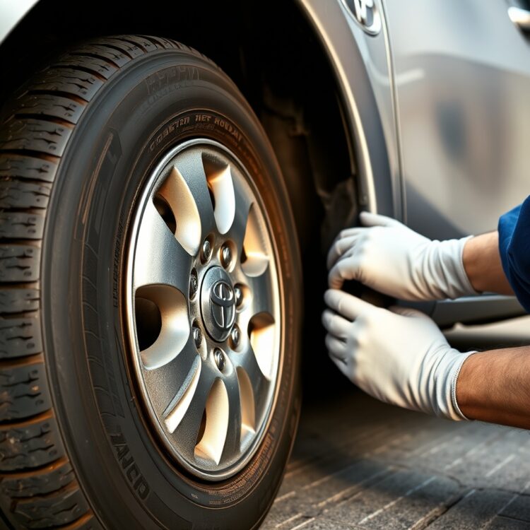 A professional stock photo featuring a close-up of a Toyota Corolla's tires being inspected, emphasizing the importance of tire maintenance for overall vehicle cost savings.