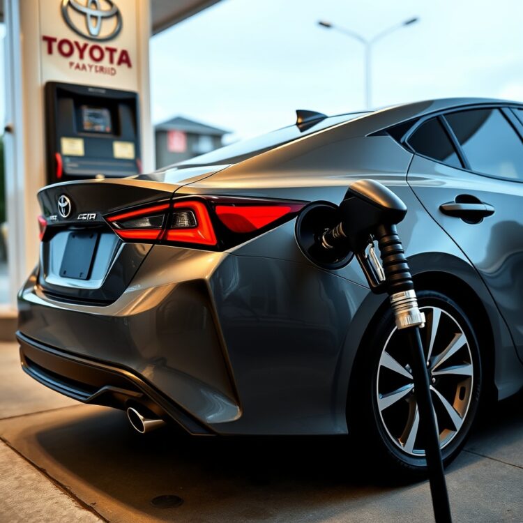 A sleek Toyota hybrid car parked at a gas station, with the fuel pump nozzle inserted into the tank, symbolizing the moment of refueling and the start of a journey.