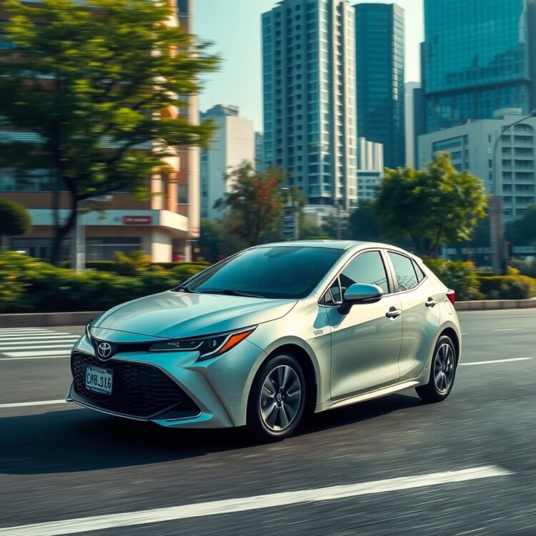 A serene urban landscape with a Toyota hybrid car driving past, showcasing the vehicle's contribution to reducing urban air pollution and promoting environmental sustainability.