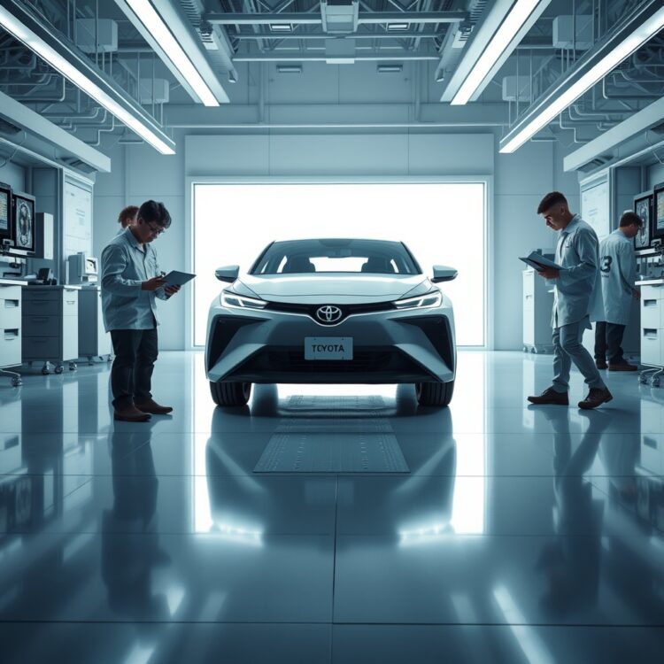 A futuristic Toyota hybrid car under the spotlight in a high-tech lab, surrounded by engineers analyzing data on a tablet, representing the latest innovations in hybrid technology.