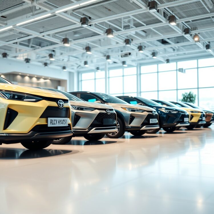 A sleek lineup of top-rated hybrid cars under bright showroom lighting, showcasing their modern designs and eco-friendly appeal.