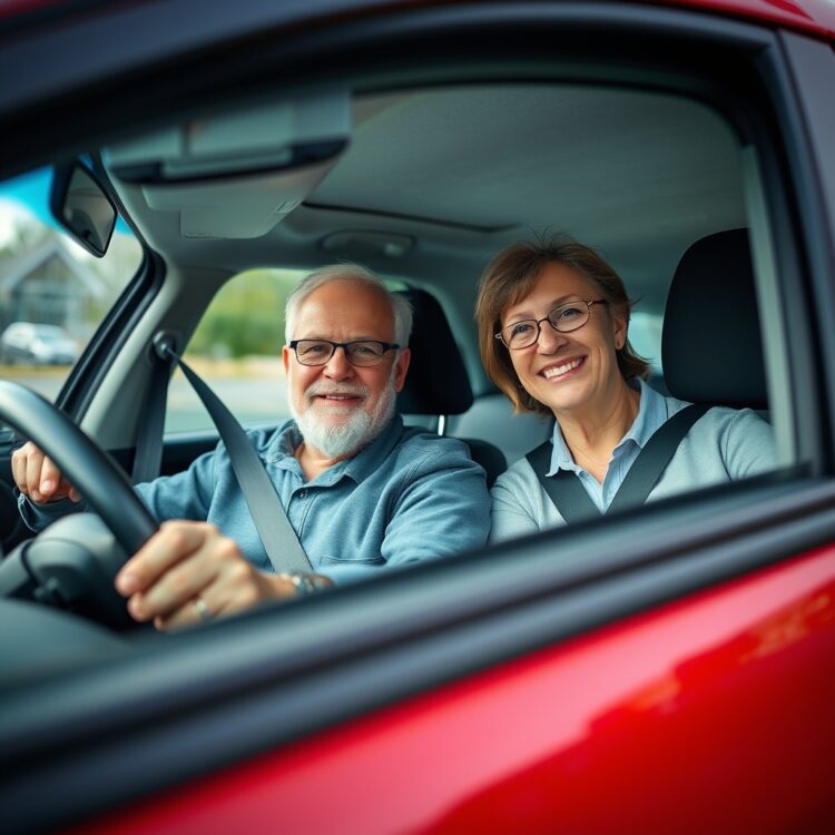 A professional stock photo of an adult learner in a driving school car, with an instructor in the passenger seat, highlighting the concept that it's never too late to learn to drive.