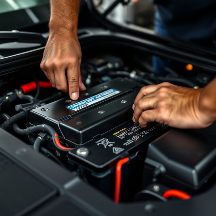 A close-up of a hybrid car's battery system being inspected by a mechanic, highlighting the importance of maintenance for reliability.