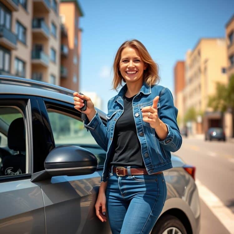 A happy hybrid car owner holding keys, standing next to their vehicle in a sunny urban setting, emphasizing satisfaction and reliability.