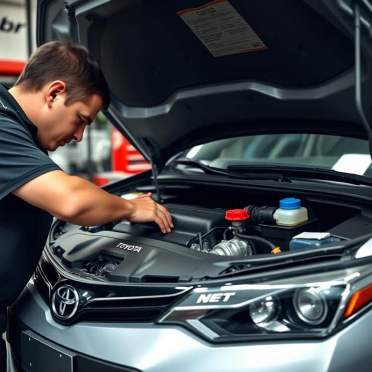 A professional stock photo of a mechanic inspecting a Toyota Corolla's engine, highlighting the importance of identifying and addressing common issues for longevity.