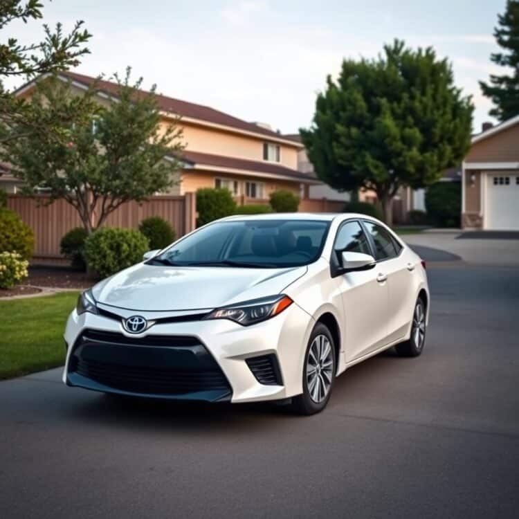 A high-quality stock image of a well-maintained Toyota Corolla parked in a suburban driveway, symbolizing the financial benefits and pride of long-term ownership.