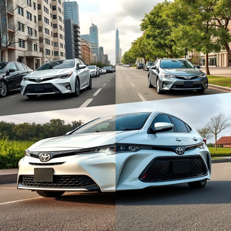 A professional stock photo of a Toyota Corolla Hybrid parked in different urban and rural settings to illustrate regional tax variations, with a focus on the vehicle's sleek design and eco-friendly features.
