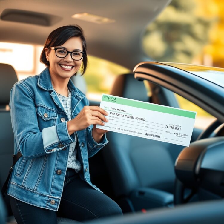 A high-quality stock image showcasing a happy Toyota Corolla Hybrid owner receiving a tax rebate check or discount notification, highlighting the financial benefits of hybrid vehicle ownership.