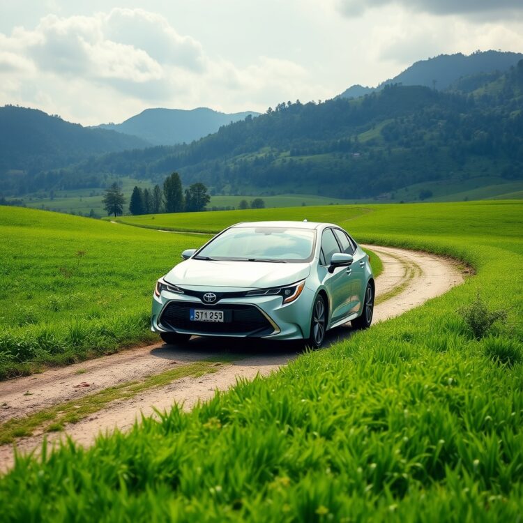 An inspiring stock photo of a green landscape with a Toyota Corolla Hybrid driving towards a sustainable future, symbolising the environmental benefits of lower road tax for hybrids.