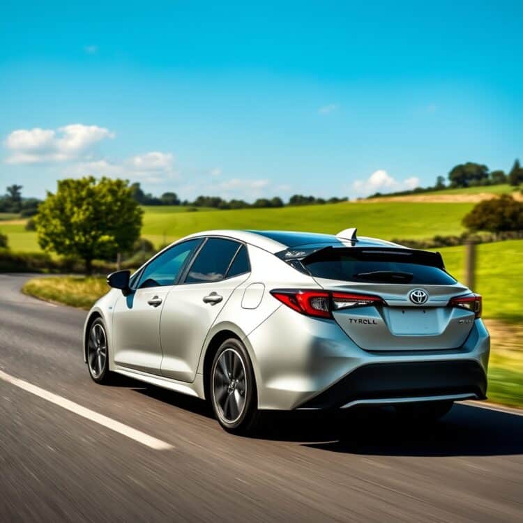 A sleek Toyota Corolla Hybrid driving through a scenic UK countryside, showcasing its fuel efficiency and environmental benefits with a clear blue sky in the background.
