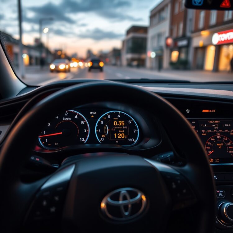 A close-up of a Toyota Corolla Hybrid's dashboard highlighting its advanced safety features, with the car parked in a well-lit urban UK setting at dusk.