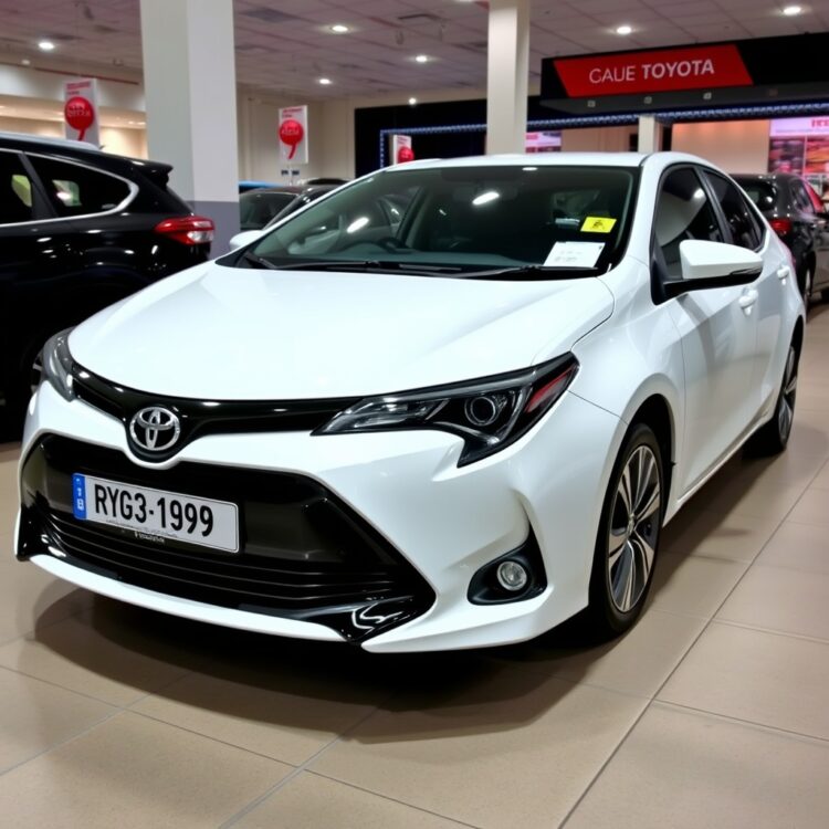A Toyota Corolla Hybrid displayed at a dealership with a price tag visible, illustrating its resale value and depreciation factors in the UK market.
