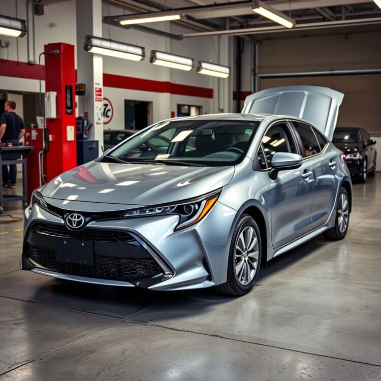 A professional stock photo of a Toyota Corolla Hybrid undergoing routine maintenance at a service center, highlighting the importance of regular care for longevity.