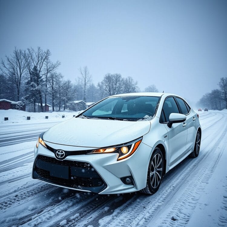 A high-quality stock image showing a Toyota Corolla Hybrid in extreme weather conditions, emphasizing the impact of environment on hybrid vehicle performance and durability.