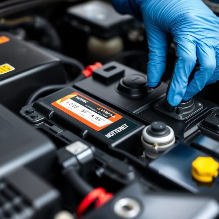 A close-up of a hybrid vehicle battery being inspected by a technician with safety gloves, highlighting the focus on battery maintenance and replacement costs.