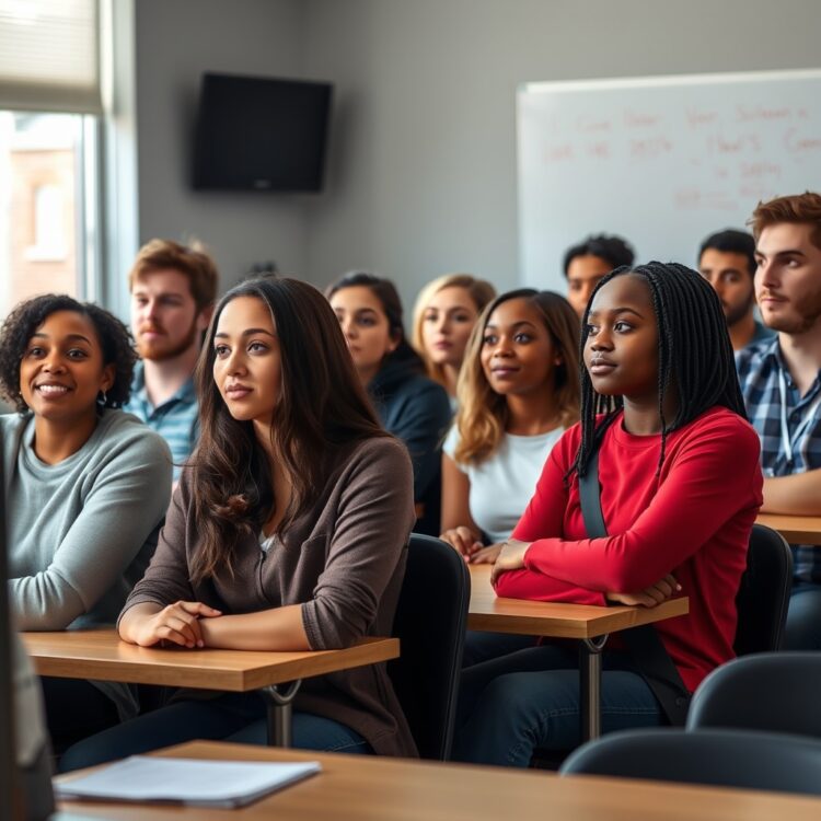 A diverse group of young adults in a driver's education classroom, attentively listening to an instructor, symbolizing the benefits of driver's education programs.