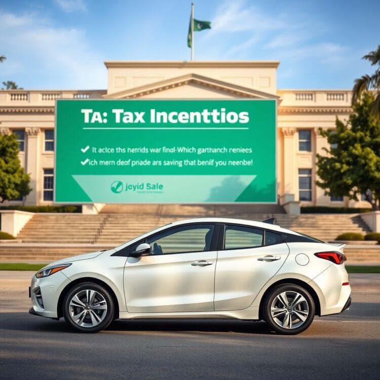 A sleek hybrid car parked in front of a government building with a tax incentives sign in the background, emphasizing financial benefits and savings.