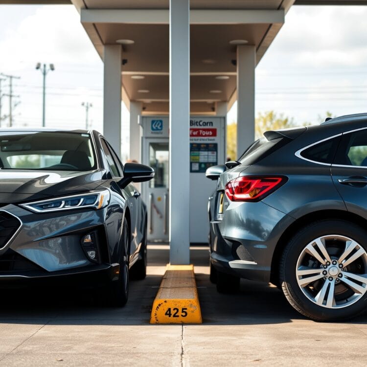 A side-by-side comparison of a hybrid and a conventional vehicle at a service station, debunking myths about hybrid maintenance costs.
