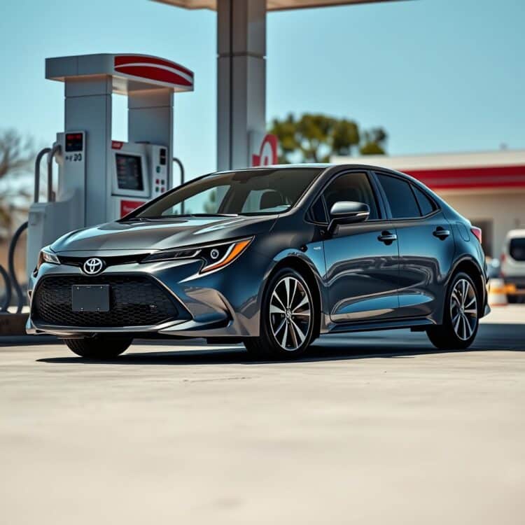 A sleek Toyota Corolla parked at a gas station, highlighting its fuel efficiency with a focus on the fuel gauge and eco-friendly features, under bright daylight.