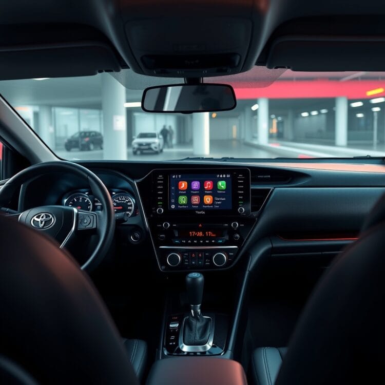 A detailed interior shot of a Toyota Corolla showcasing its advanced infotainment system and connectivity features, with a modern and tech-savvy ambiance.