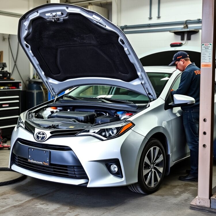 A professional stock photo of a Toyota Corolla undergoing routine maintenance, focusing on oil changes and filter replacements, with a mechanic in the background.