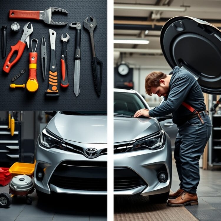 A high-quality stock image showing a comparison between DIY car maintenance tools and a professional mechanic working on a Toyota Corolla.
