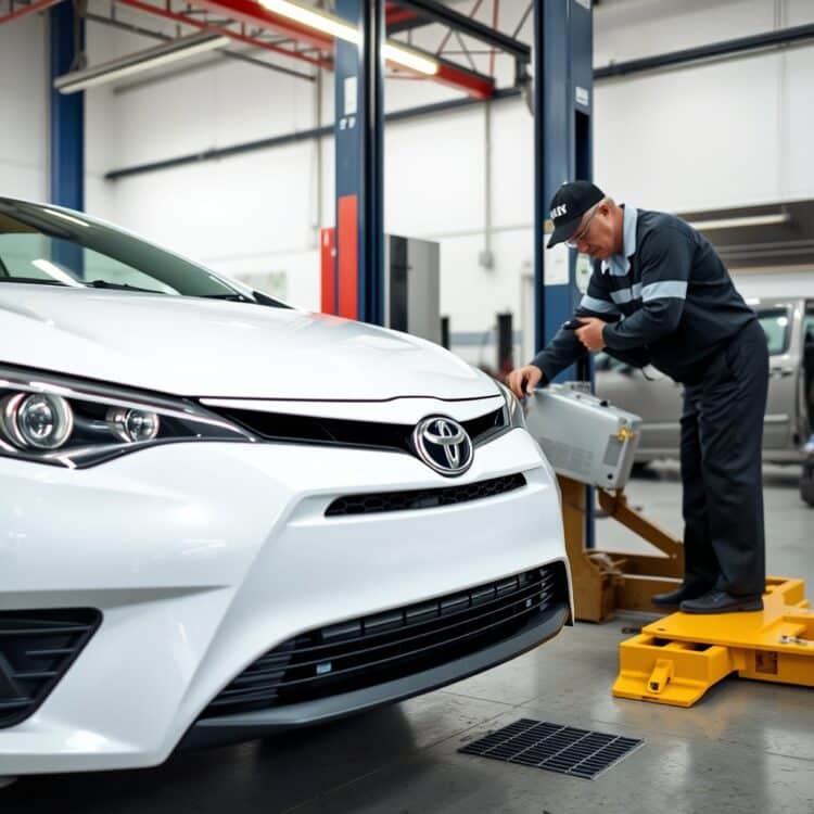 A professional stock photo depicting a Toyota Corolla being inspected by a certified mechanic, highlighting the importance of reliable service for maintenance.