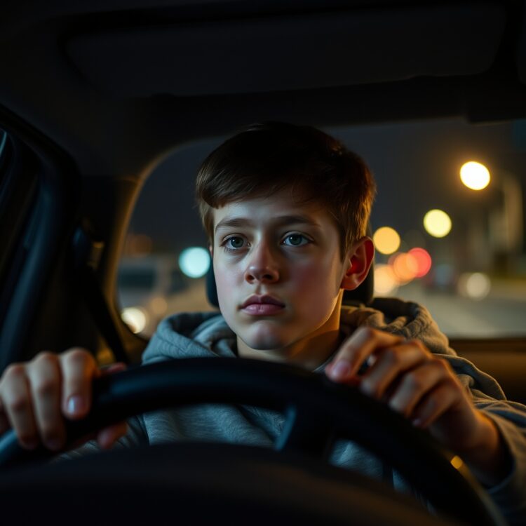 A young driver with a focused expression behind the wheel during nighttime, highlighting the challenges and restrictions of nighttime driving for new drivers.